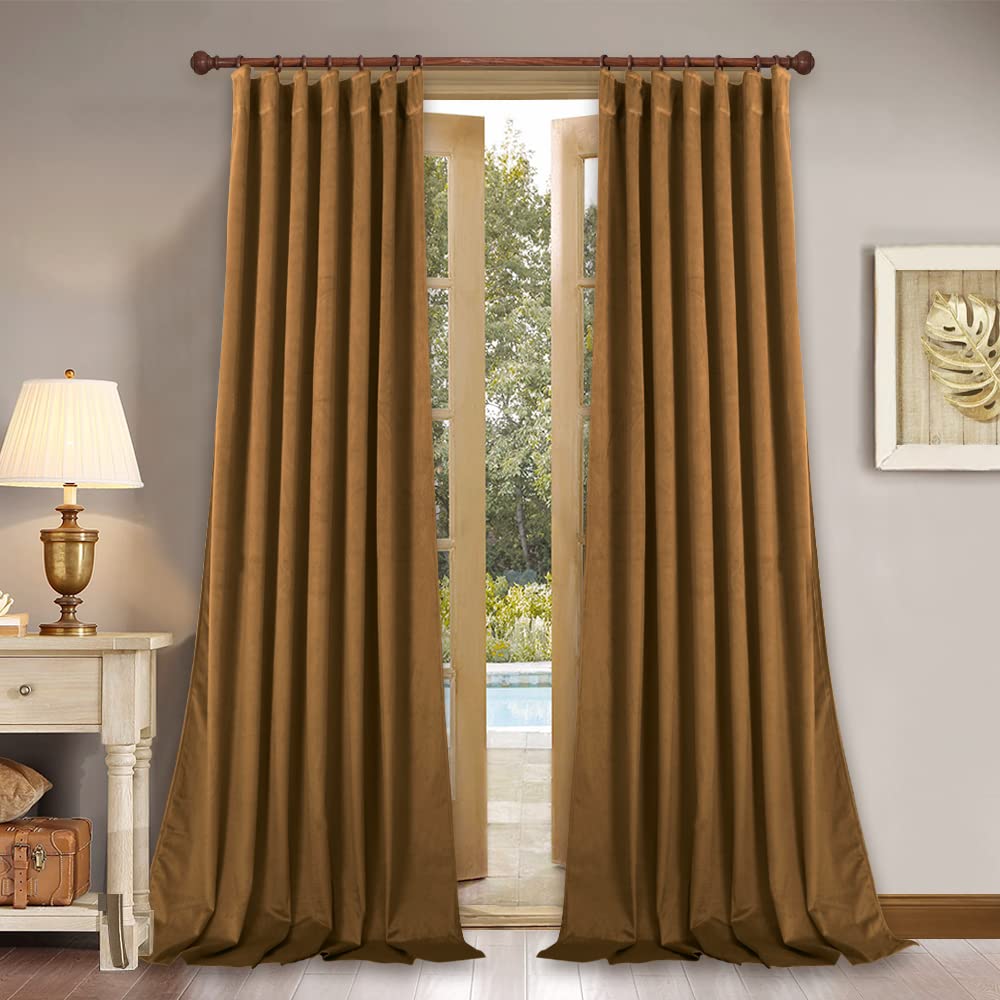 Stangh Gold Brown Velvet Curtains 108 Inches Long For Sliding Door, Back Tab Heavy Thick Thermal Insulated Light Blocking Window