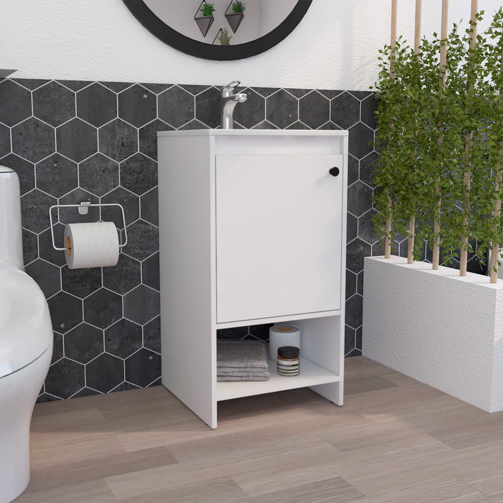 Bathroom Vanity Poket, Single Door Cabinet, Two Shelves, White