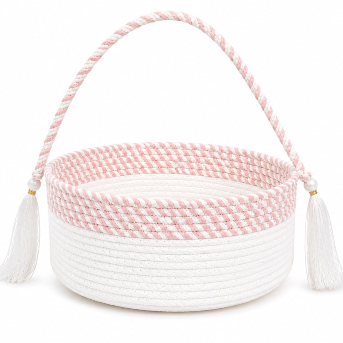 Adhigams Cotton Rope Storage Basket with Handle & Tassels | Woven Decorative Organizer Basket for Nursery, Living Room, Bedroom,