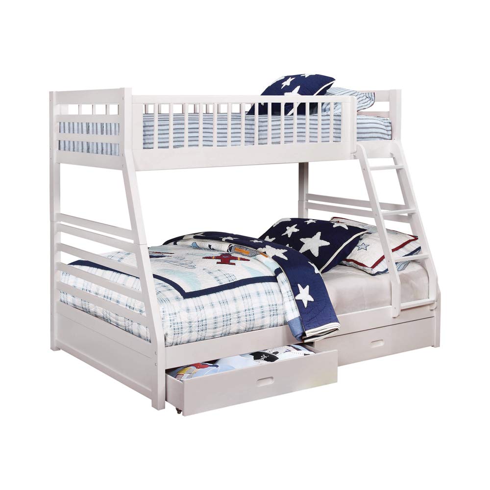 Benjara Wooden Twin Over Full Bunk Bed With Wheel Supported Bottom Drawers, White