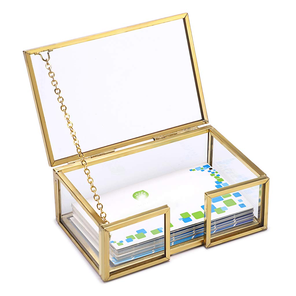 Hipiwe Glass Business Card Holder Box With Lid - Desktop Name Card Display Box Organizer Gold Metal Business Card Container Box