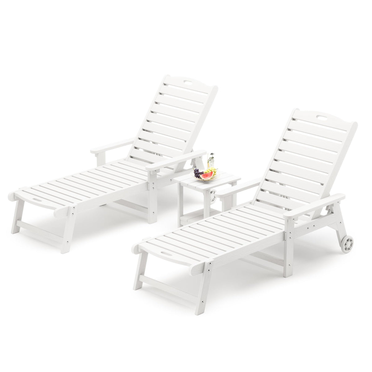Lue Bona Chaise Lounge Chairs Set With Table, 3-Piece, Hdps Material, 3-Year Warranty, Patio Lounge Chair With Adjustable Backrest, Resin Pool Lounge Chairs With Wheels For Outside, Poolside, White
