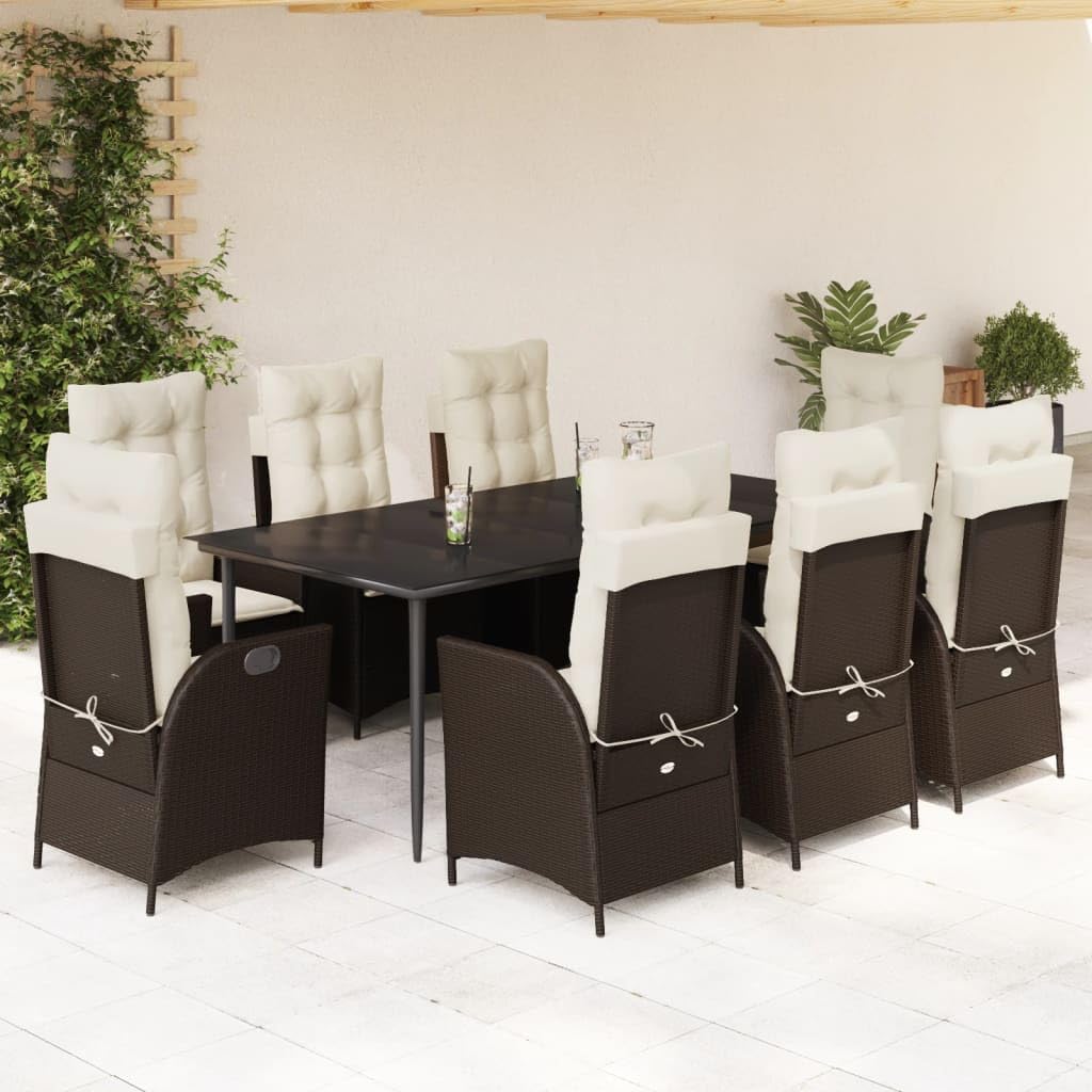vidaXL - 9 Piece Patio Dining Set with Cushions, Brown Poly Rattan, Reclining Garden Chairs, Adjustable Seats, Tempered Glass Table