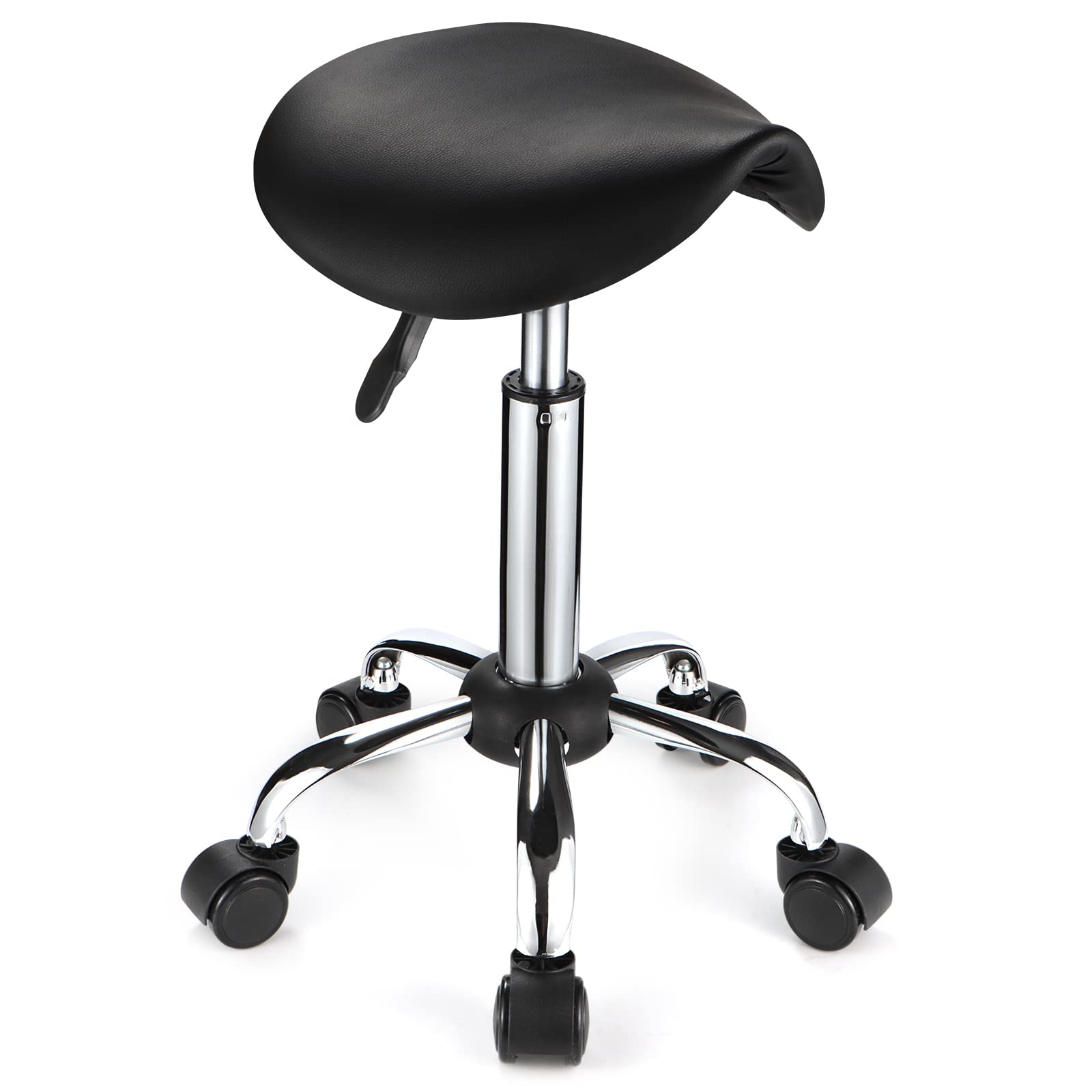 FNZIR Saddle Rolling Stool with Wheels PU Leather Height Adjustable Swivel Stool Chair Black