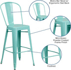 Commercial Grade 30 High Mint Green Metal Indoor-Outdoor Barstool with Back