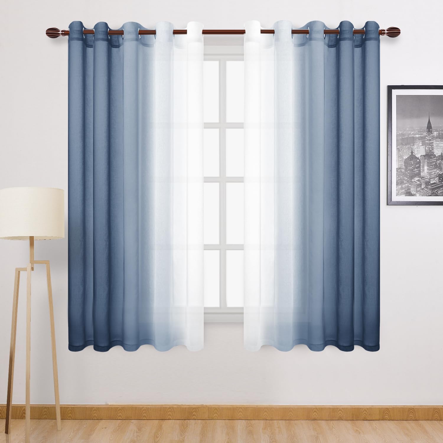 Dwcn Blue Ombre Faux Linen Sheer Curtains - Extra Wide Gradient Semi Voile Grommet Top Bedroom And Living Room Curtains, 60 X 63