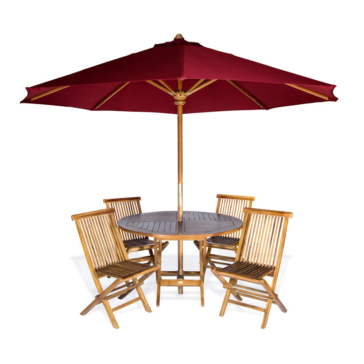 All Things Cedar TT6P-R-R 6-Piece Teak Round Patio Dining Set - Table and 4 Chairs for Outdoor Events | Backyard Furniture with Umbrella Hole | Brass Grommet & Cap | Red Umbrella