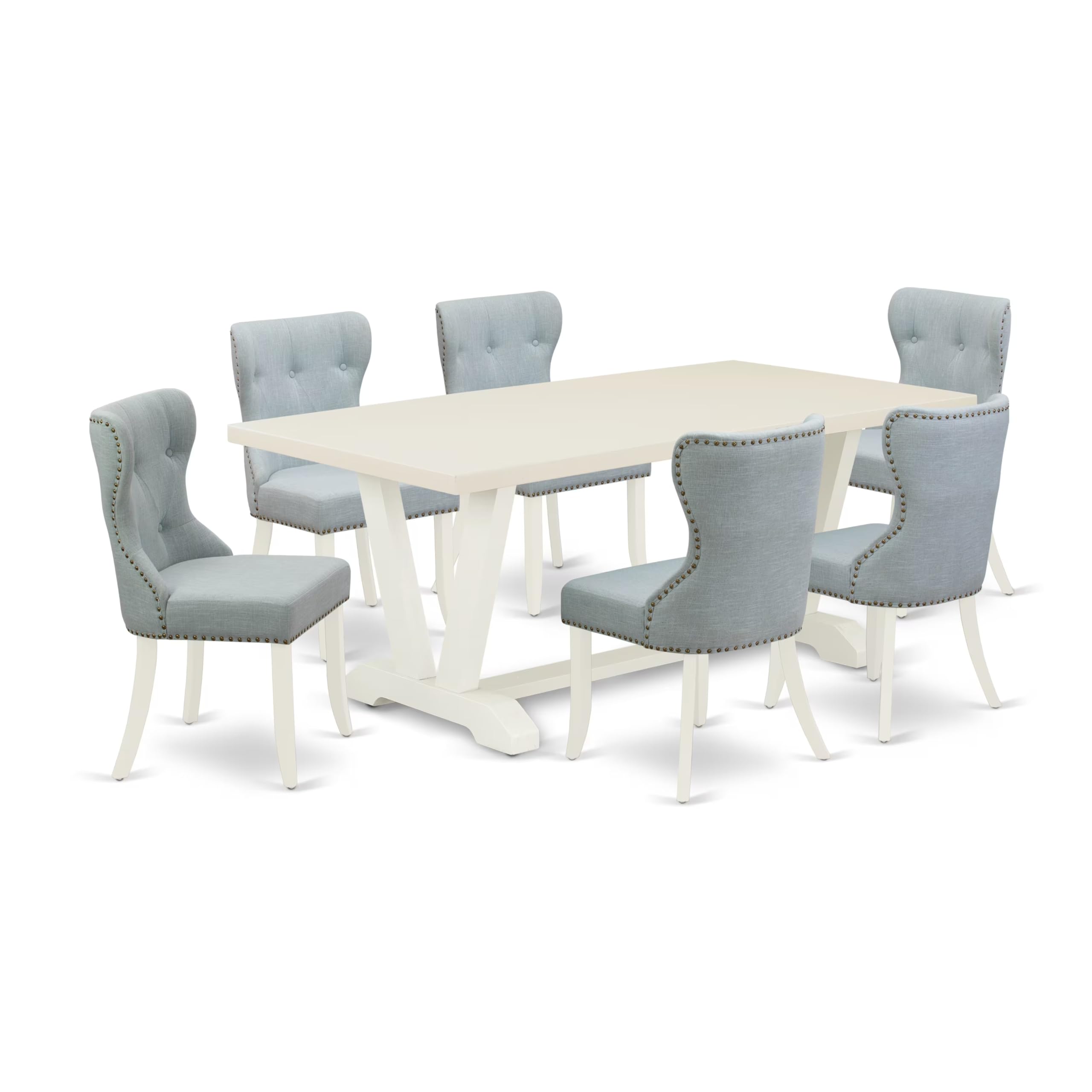 East West Furniture V027Si215-7 7 Piece Dining Room Table Set Consist Of A Rectangle Kitchen Table With V-Legs And 6 Baby Blue Linen Fabric Parson Dining Chairs, 40X72 Inch, Multi-Color