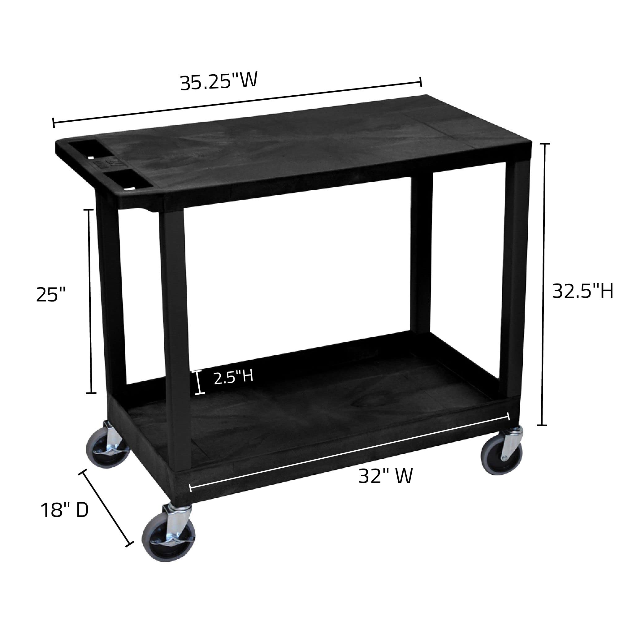 LUXOR EC21-B 32" x 18" Cart - One Tub/One Flat Shelves, Four 4" Casters, Two Fixed Non-Locking Casters, Two with Locking Brake, 100 lbs. Per Shelf, Ergonomic Push Handle