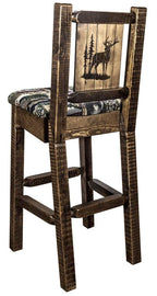 Montana Woodworks Homestead Collection Counter Height Barstool with Upholstered Seat, Woodland Pattern, Laser Engraved Elk Design, Stained & Lacquered