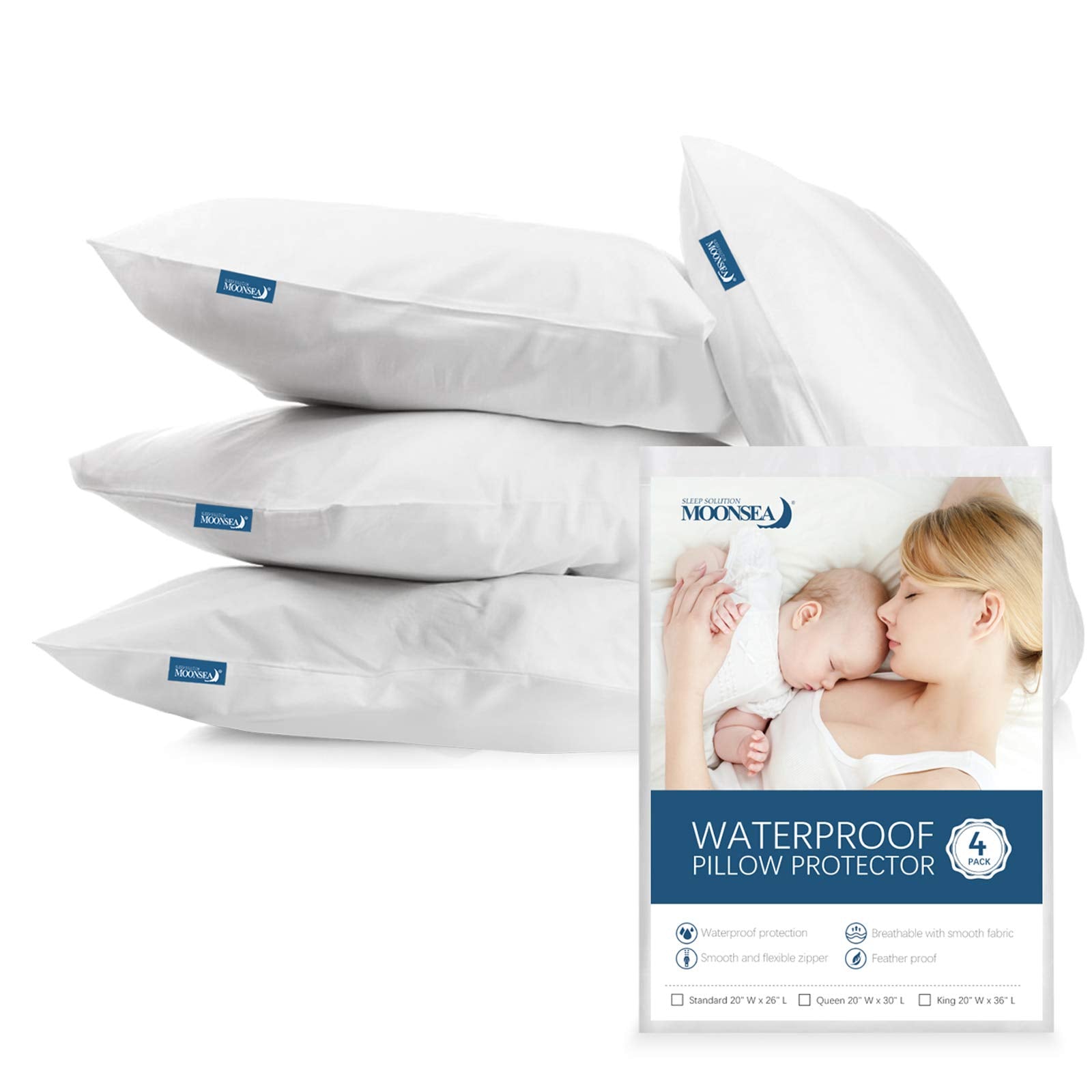 Queen Pillow Protector Zippered 4 Pack Queen Size 20 X 30 Inch Waterproof Pillow Case Protector Down Feather Proof Pillow Covers Encasement Pillow Case White