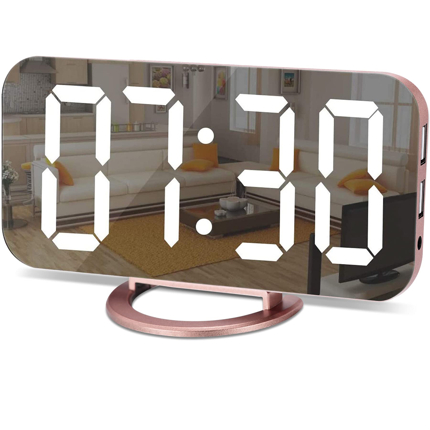 SZELAM Alarm Clock for Bedroom,LED and Mirror Digital Clock Large Display,with Dual USB Charger Ports,Auto Dim,Snooze Mode,Moder