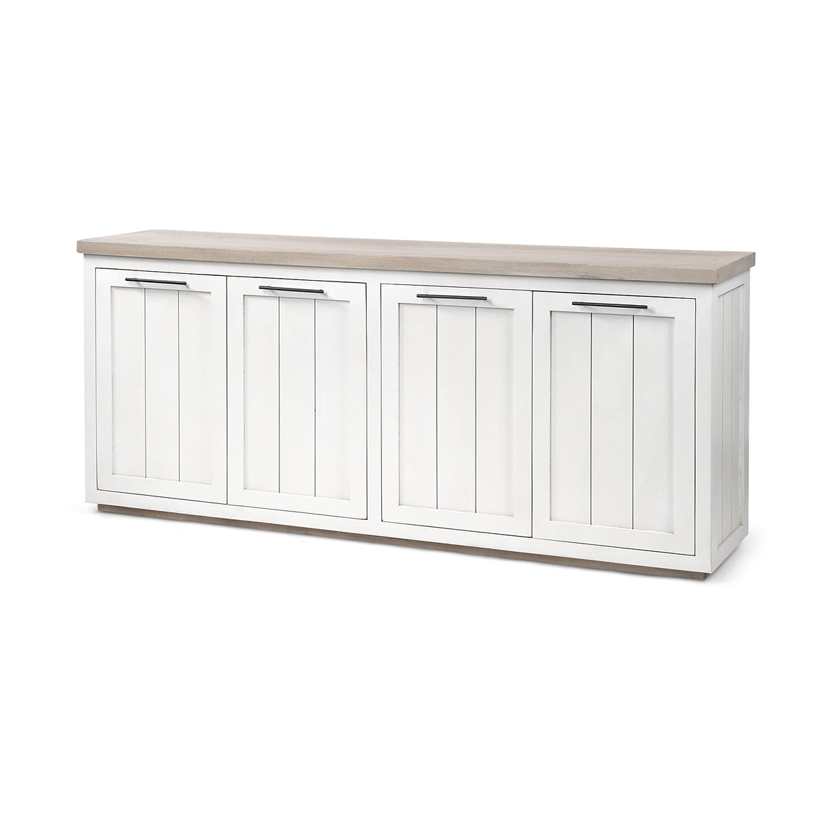 HomeRoots White, Brown Brown Solid Mango Wood Top & White Frame Sideboard with 4 Cabinet Doors