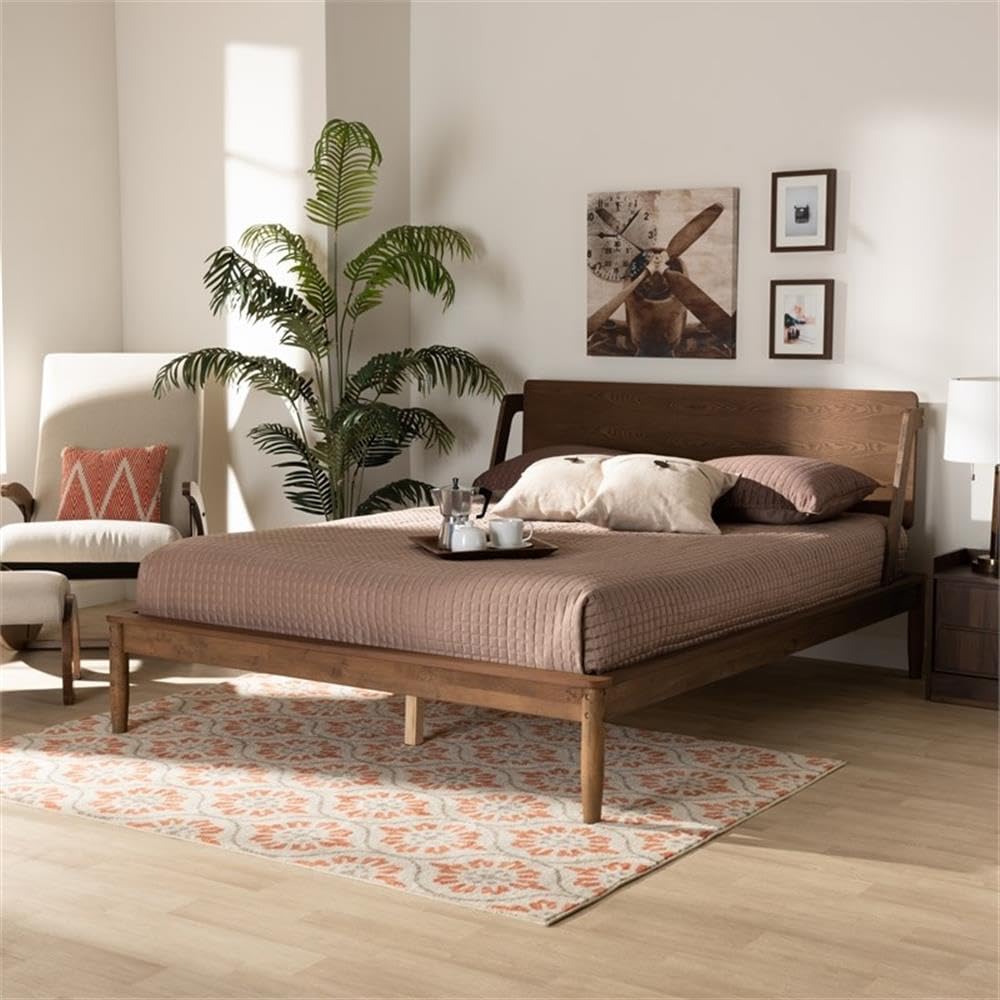 Baxton Studio Sadler Mid-Century Modern Ash Walnut Brown Finished Wood King Size Platform Bed