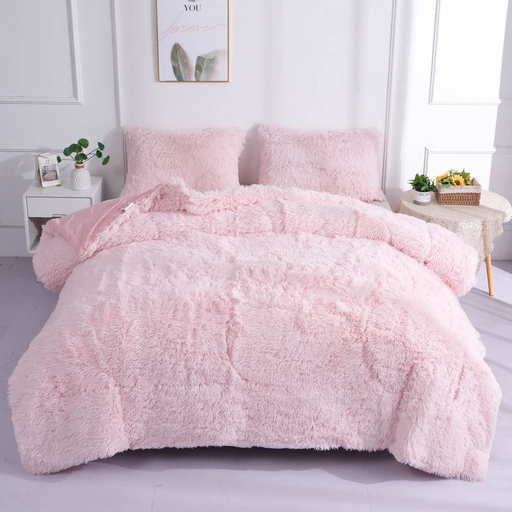 Chovy Faux Fur Plush Light Pink Comforter Sets King - Ultra Soft Shaggy Flannel Velvet Fluffy Fuzzy 3Pc Bedding Set (Comforter X