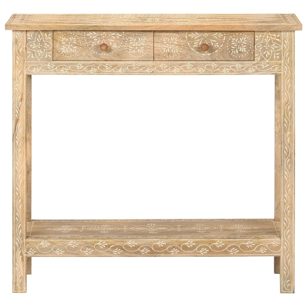 vidaXL Console Table - Solid Mango Wood with Hand-Painted Design, Asian Style Furniture, Natural Finish, Rectangular Shape, Two Drawers and Shelf for Storage, 31.5&quot;x13.8&quot;x29.1&quot;