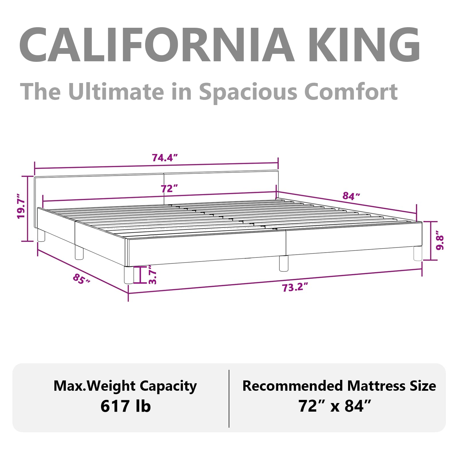 vidaXL Faux Leather Bed Frame Platform Bed, Scandinavian Style/Slats Support/No Box Spring Needed/Without Mattress/Easy Assembly, White California King Bed