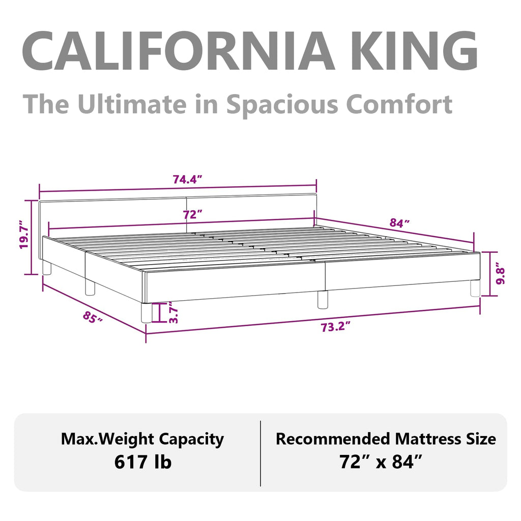 vidaXL Faux Leather Bed Frame Platform Bed, Scandinavian Style/Slats Support/No Box Spring Needed/Without Mattress/Easy Assembly, White California King Bed