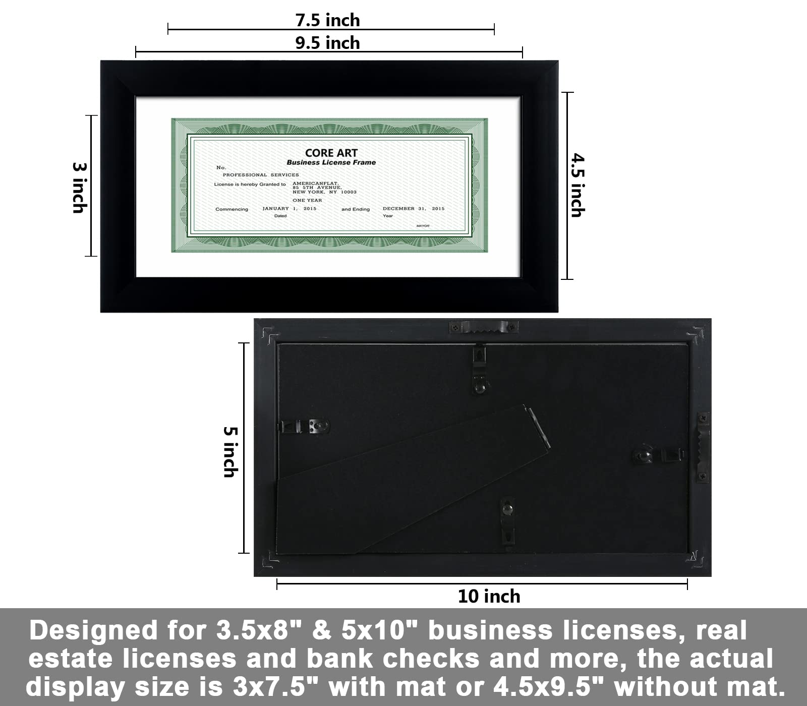 CORE ART Black 5x10 Business License Frame, Professional Bank Check Frame 3.5x8, High Definition Plexiglass, Wall/Tabletop Display
