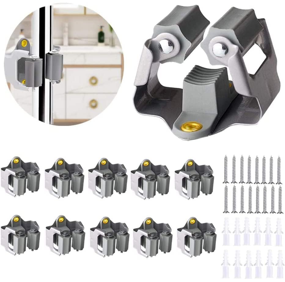 3-H Mop And Broom Holder Big Size Hanging 1 Kg Extra,Broom Hanger 10 Pack,Broom Holder Wall Mount For Hanging And Organizing Shove Rake Yard Tools In Kitchen Shed Laundry Room Bathroom Garden(Grey)