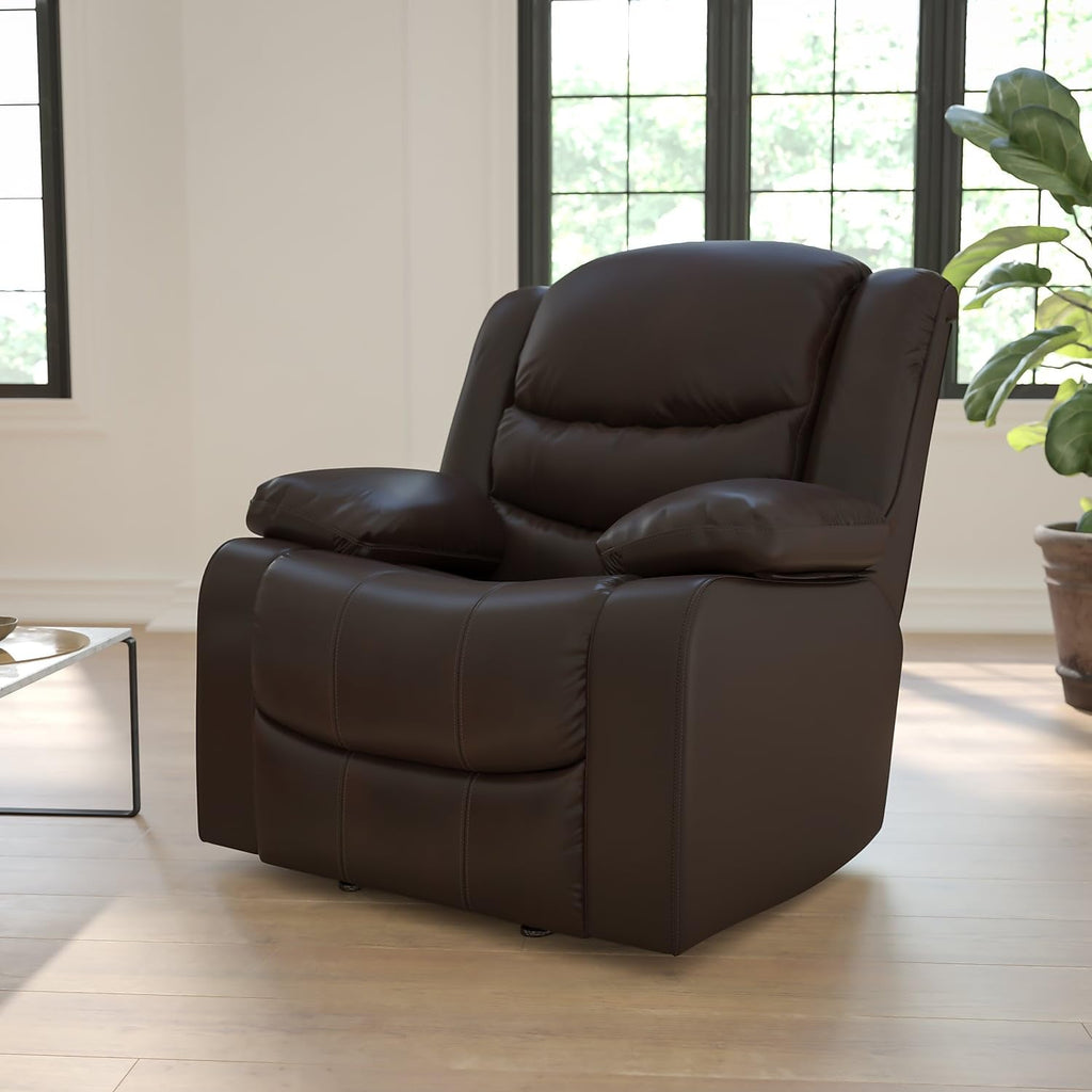 Plush Brown Leather Lever Rocker Recliner With Padded Arms