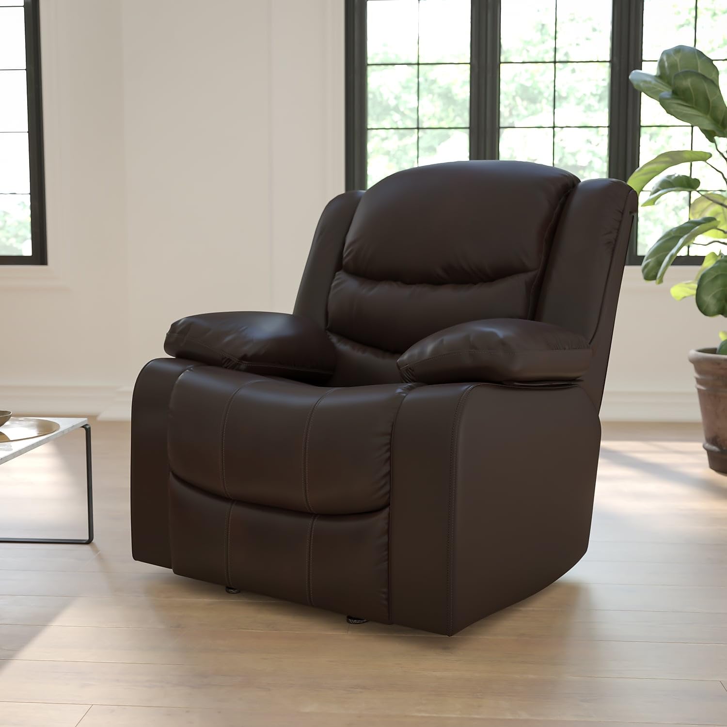 Plush Brown Leather Lever Rocker Recliner With Padded Arms