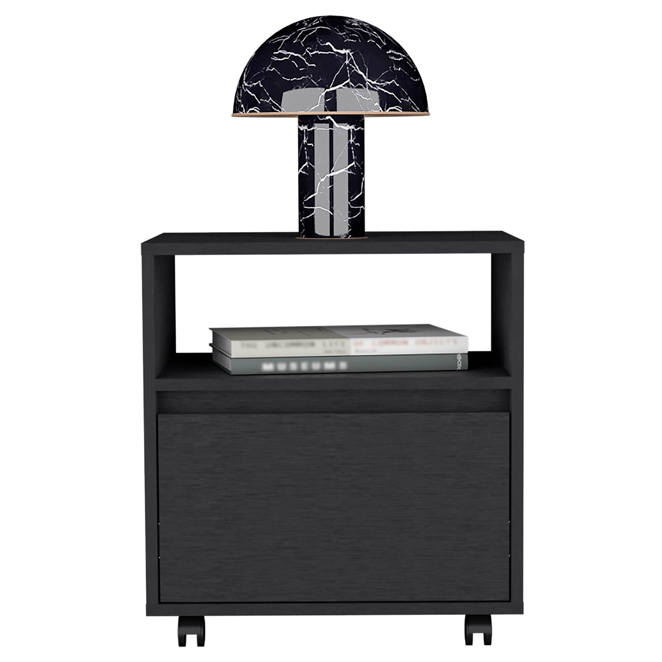 Nightstand 20&quot; H, with 1 Open Shelf, 1 Drawer and Casters, Black