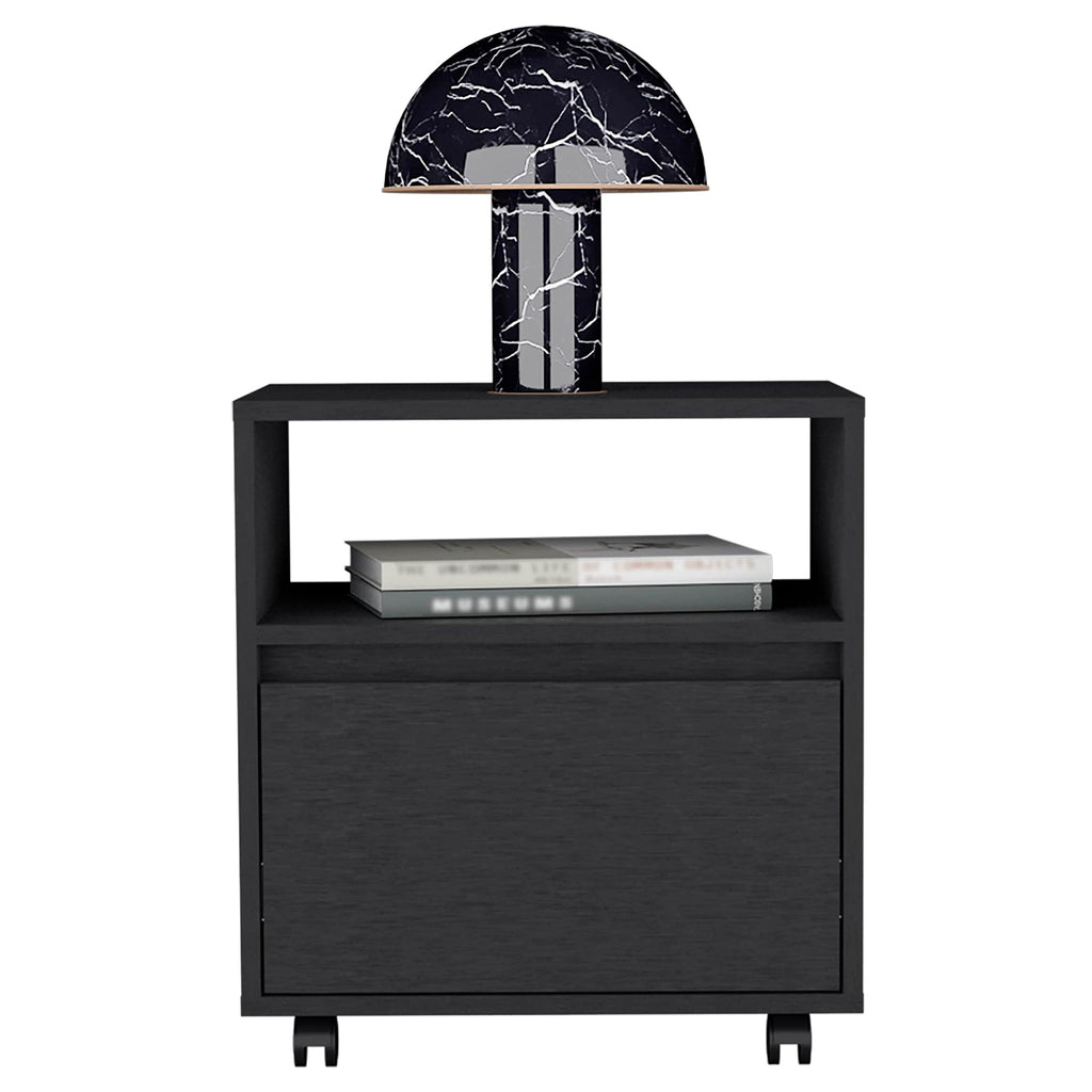 Nightstand 20" H, with 1 Open Shelf, 1 Drawer and Casters, Black