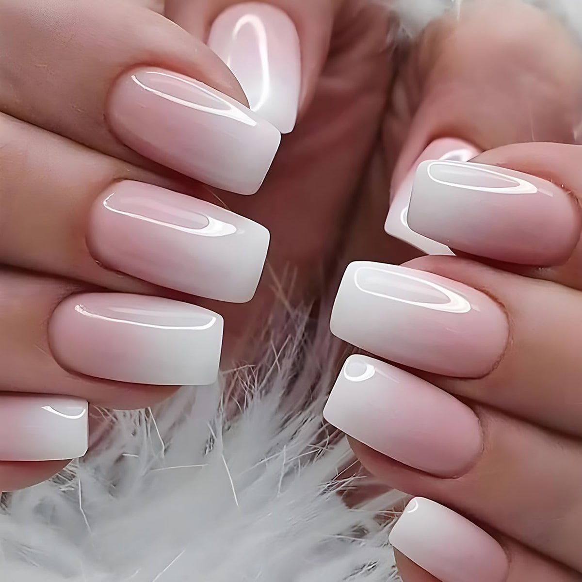 Ombre Press on Nails Medium Square Fake Nails Pink White Gradient French Tip False Nails Glossy Full Cover Stick on Nails Acryli