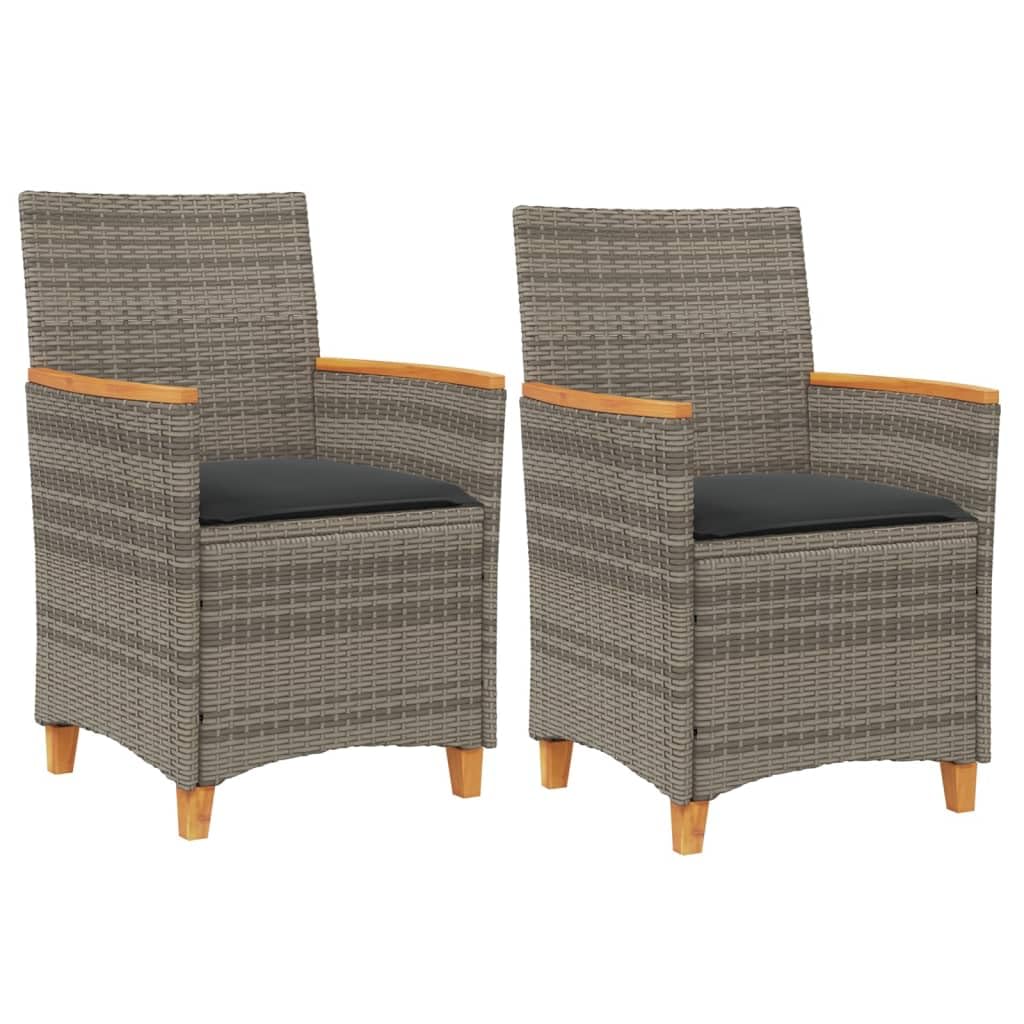 vidaXL Patio Chairs with Cushions - Gray Poly Rattan & Wood - Set of 2