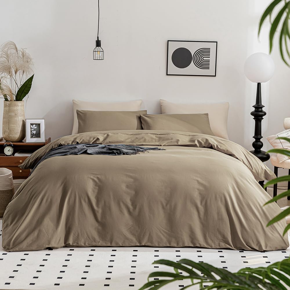 Jellymoni Khaki Bedding Duvet Cover Set - 100% Washed Cotton Linen Like Textured California King Comforter Cover, 3 Pieces Soft