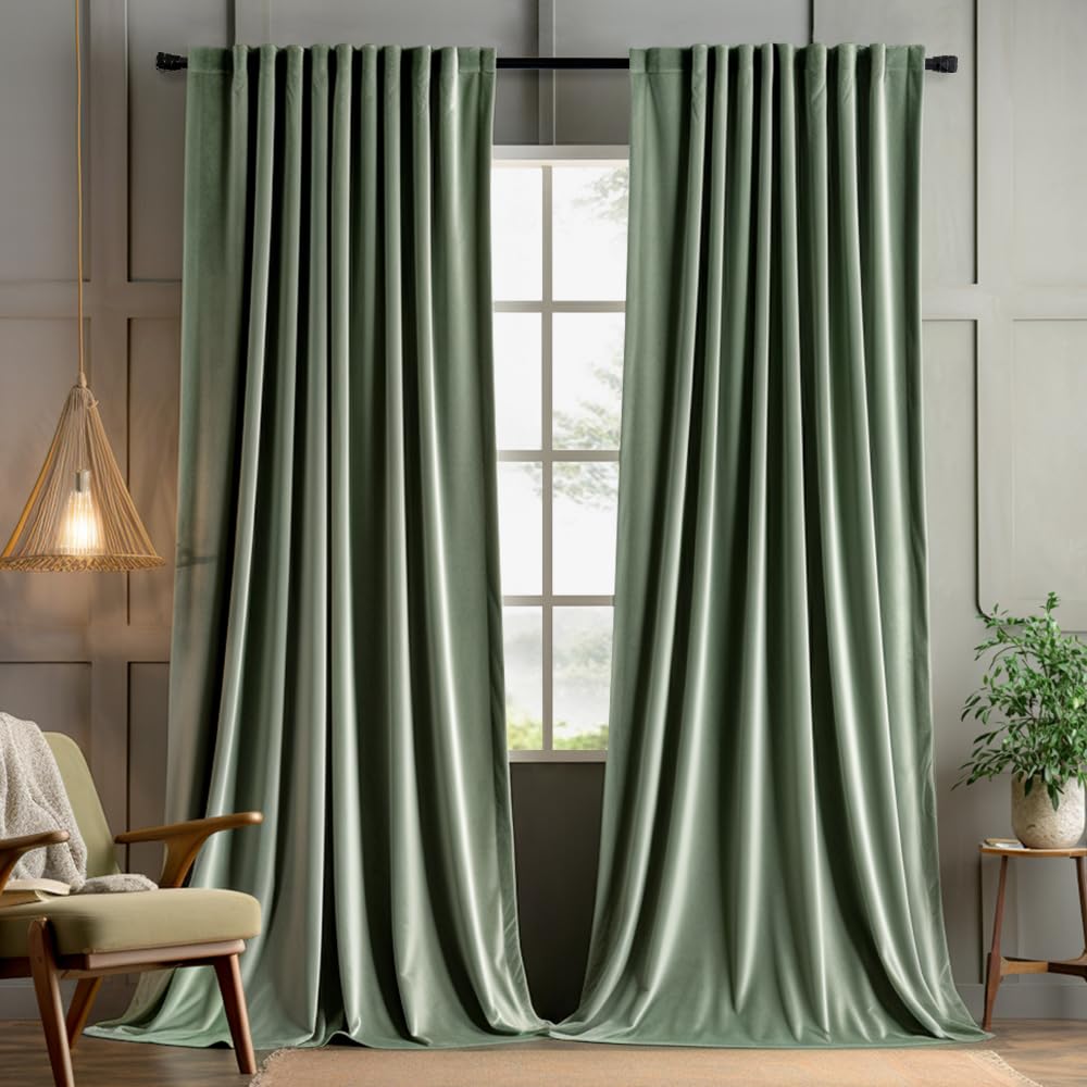 Miulee Sage Green Velvet Curtains 84 Inches 2 Panels - Pinch Pleated Luxury Room Darkening Window Drapes For Bedroom Living Room