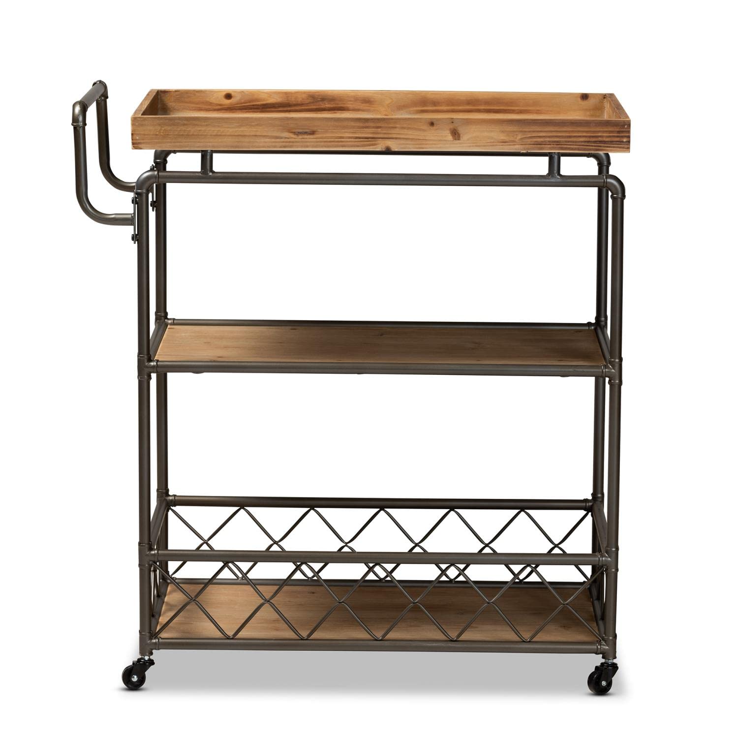 Baxton Studio Amado Rustic Industrial Farmhouse Oak Brown Finished Wood and Black Metal 3-Tier Mobile Kitchen Cart
