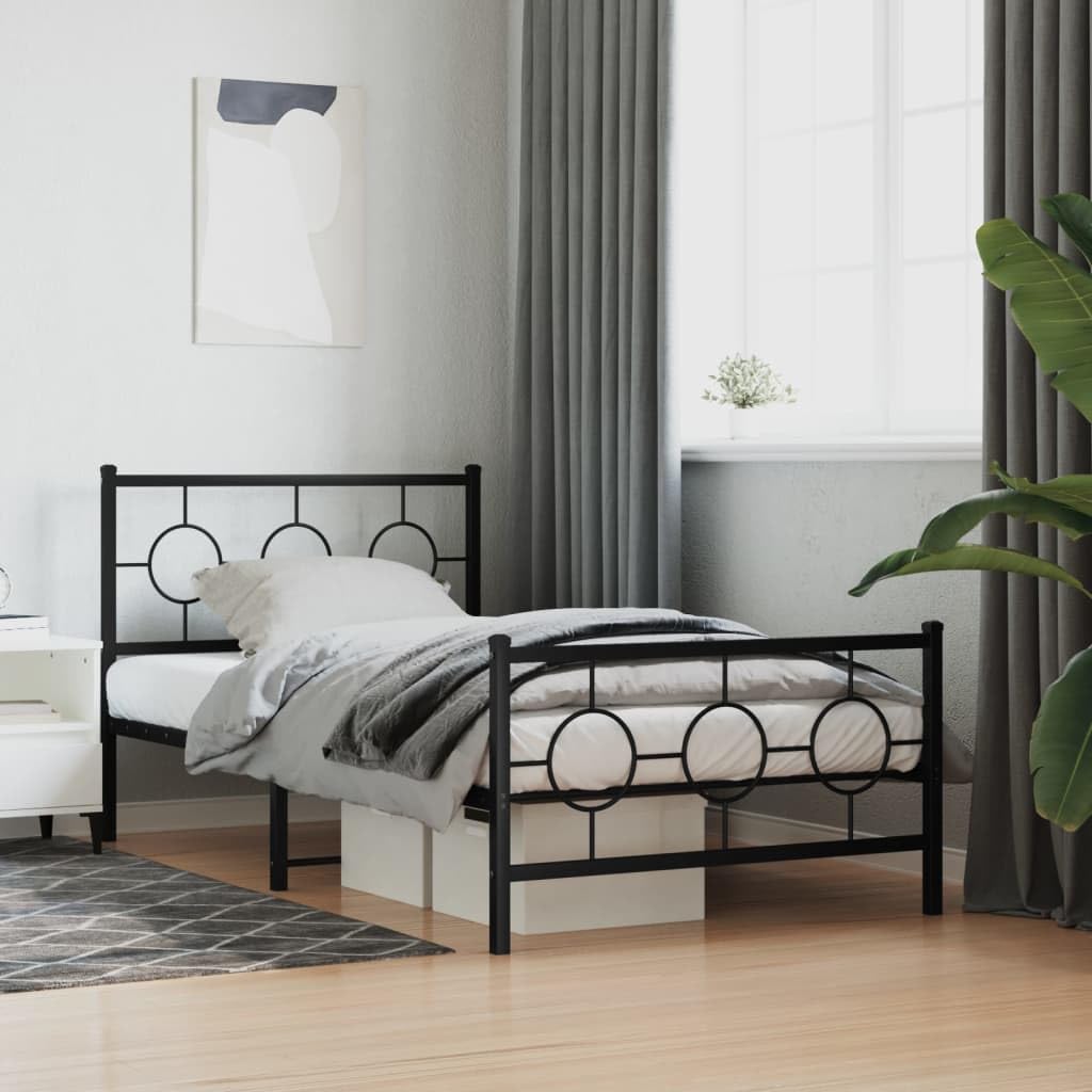 vidaXL Single Bed - Industrial Style Metal Frame w/Headboard & Footboard, Black, Supports Mattress 39.4&quot;x78.7&quot; - Assembly Required