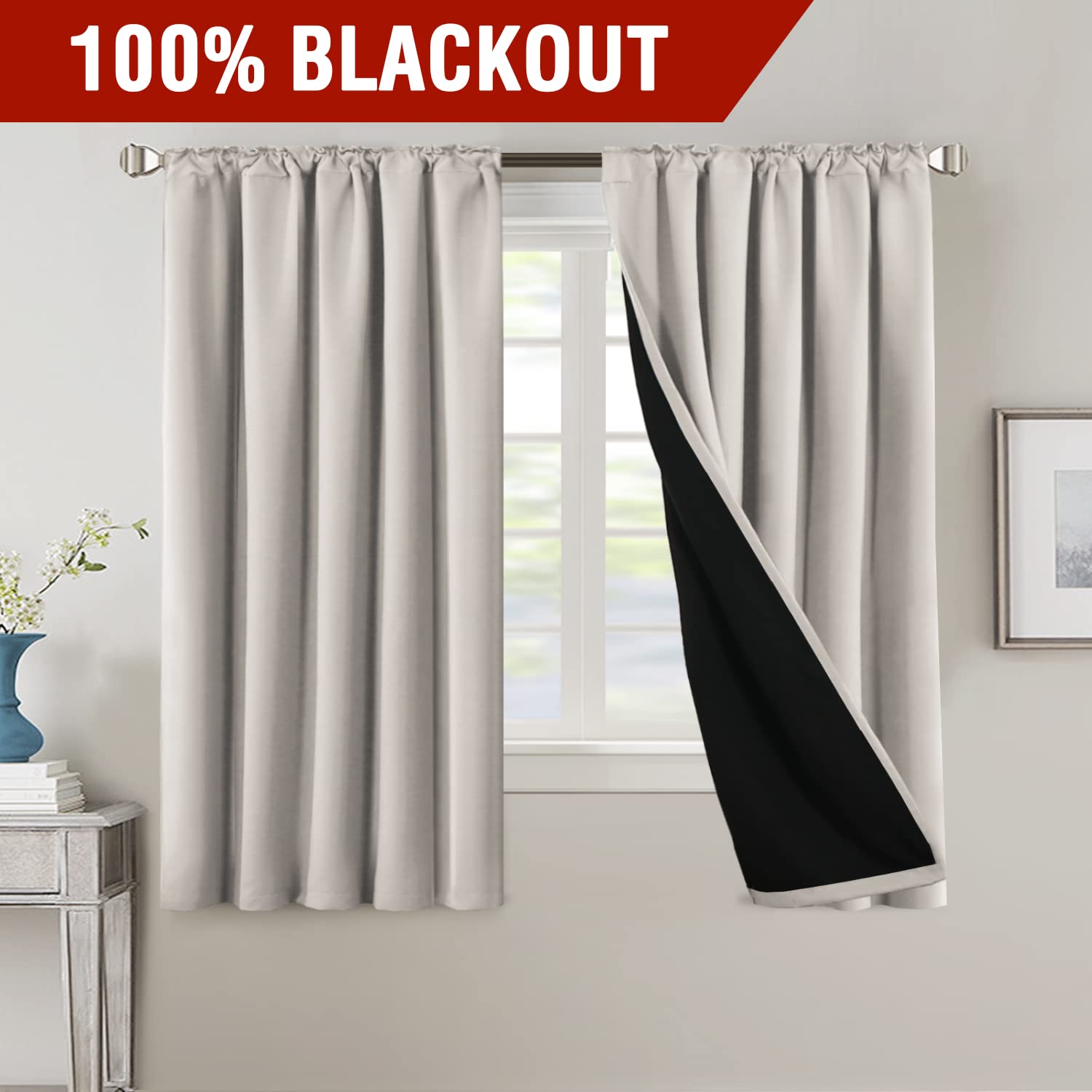 H.Versailtex 100% Blackout Curtains For Bedroom With Black Liner Full Room Darkening Curtains 63 Inch Long Thermal Insulated Bac