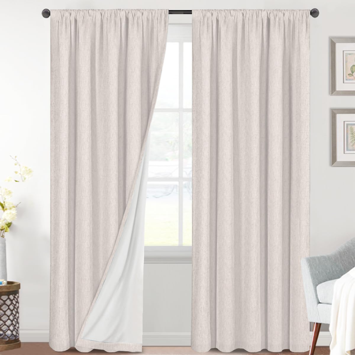 H.VERSAILTEX Linen Look 100% Blackout Curtains 84 Inches Long for Bedroom Full Light Blocking Rod Pocket Linen Textured Thick Wi
