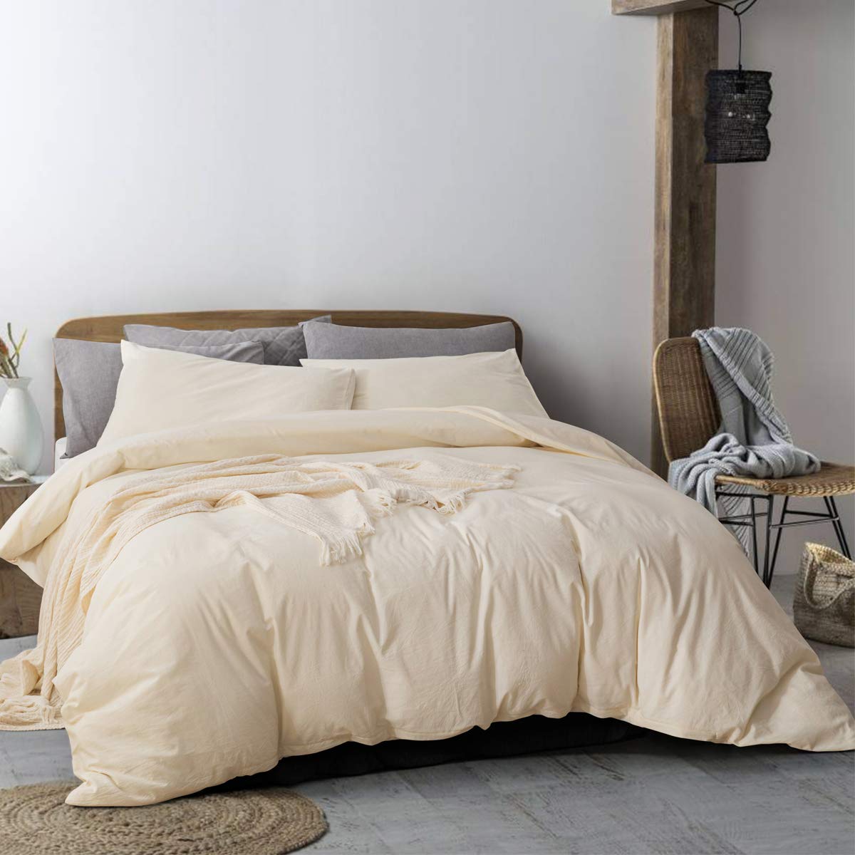 Ecocott Cream Duvet Cover Queen, 100% Washed Cotton 3 Piece Duvet Cover Sets 1 Duvet Cover With Zipper And 2 Pillowcases Bedding