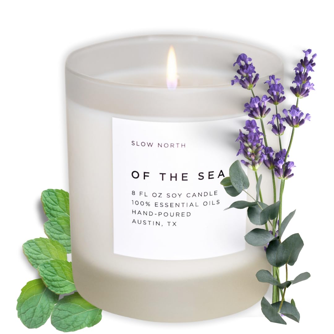 Slow North of The Sea Candle - Essential Oils and Pure Soy Wax Candle in a Reusable Frosted Glass Jar - A Unique and Mindful Sce