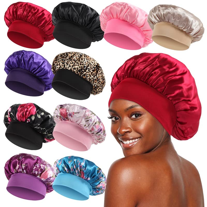 KEPUWAY 10 Pcs Bonnet, Superior Satin Bonnet with Elastic Wide Band, Silk Hair Bonnet for Sleeping Women Men curly Dreadlock Bra