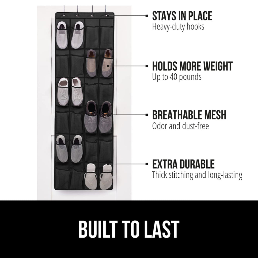 Gorilla Grip Over The Door Shoe Organizer, 2 Pack, 24 Breathable Mesh Pockets, Space Saving Hanging Storage Holder, Closet Rack Hanger Holds Up To 40 Lbs, Hangs On Closets, Shoes, Accessories, Black