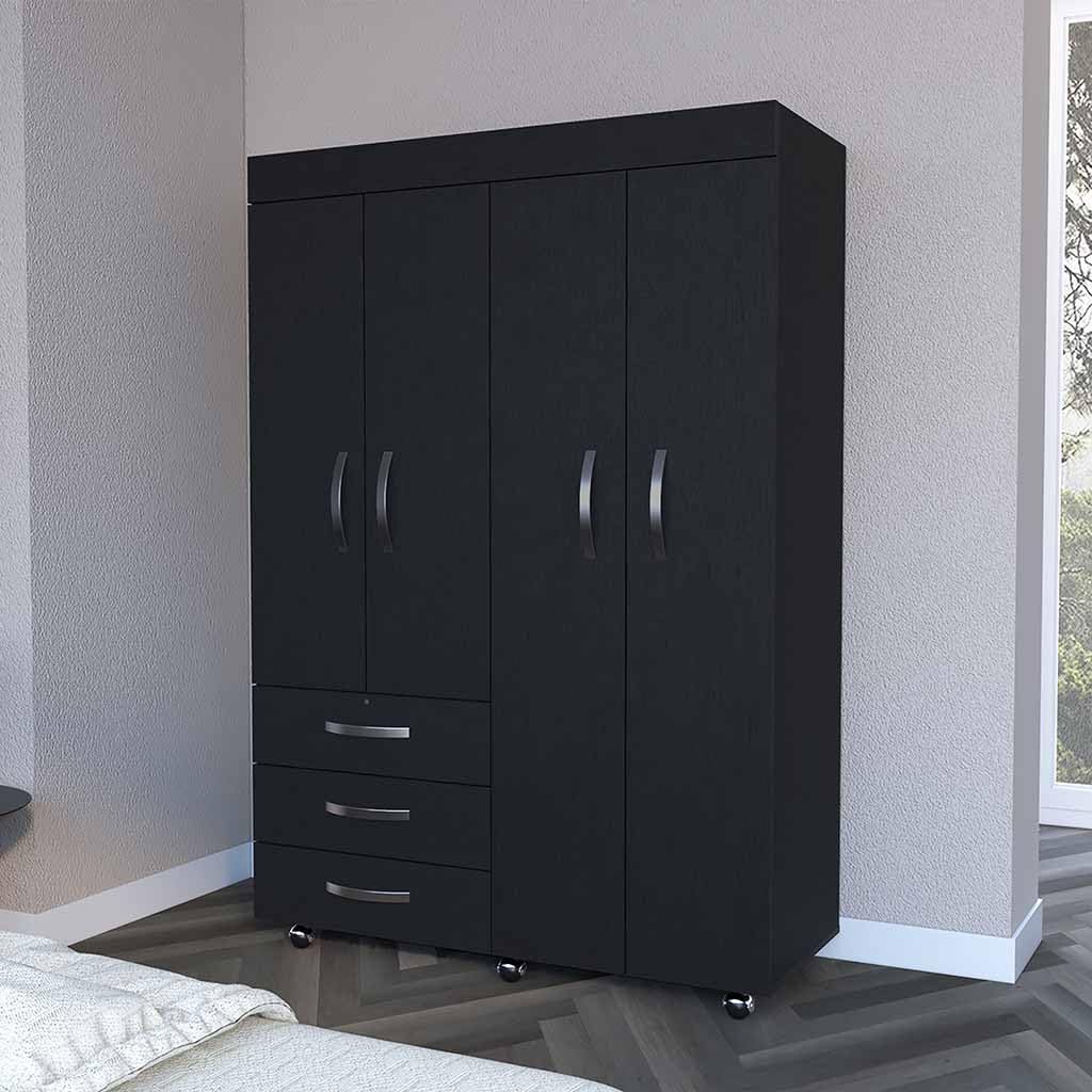 Mobile Armoire Velvet, Rods, Double Door Cabinet, Three Drawers - Black