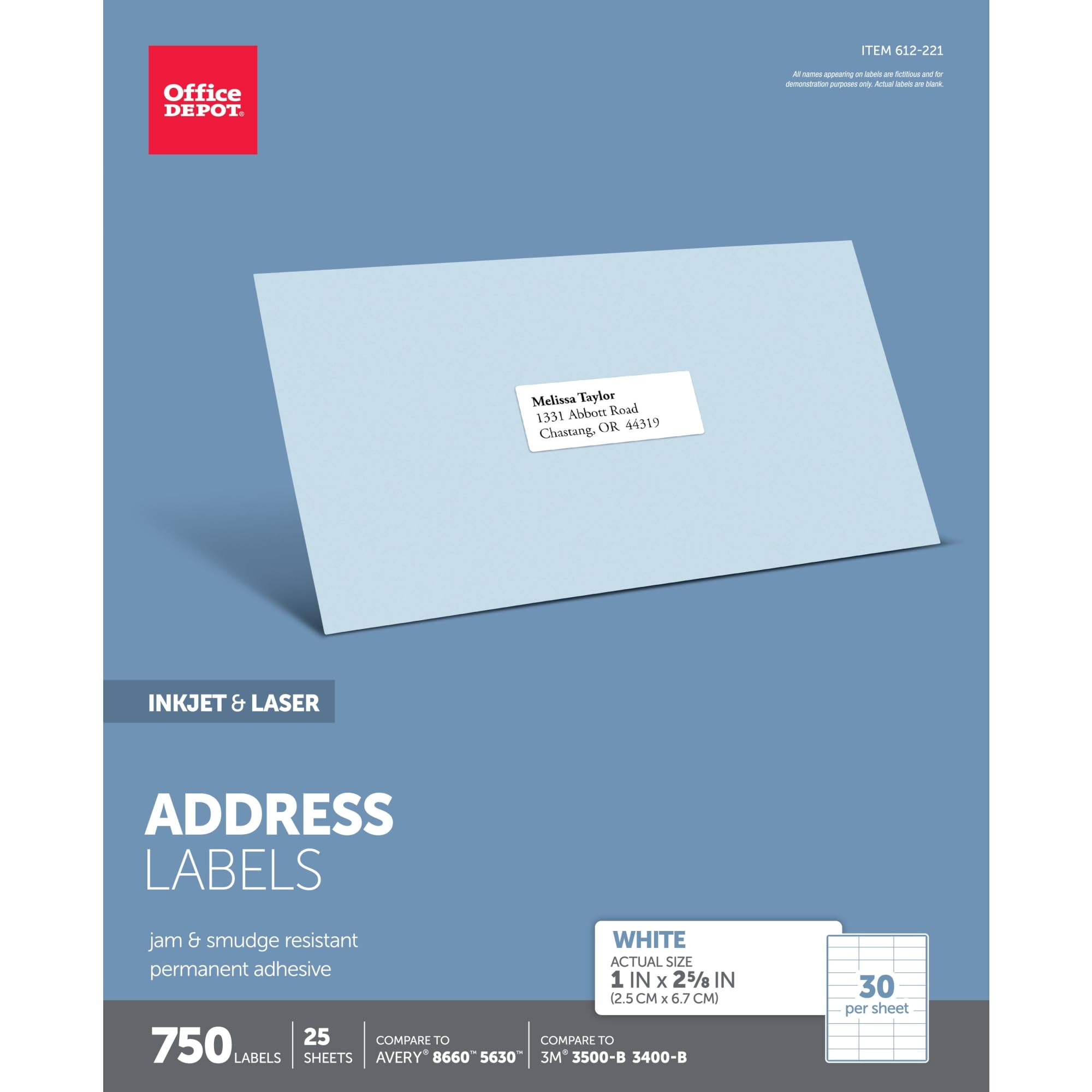 Office Depot White Inkjet/Laser Address Labels, 1In. X 2 5/8In., Pack Of 750, 505-O004-0003