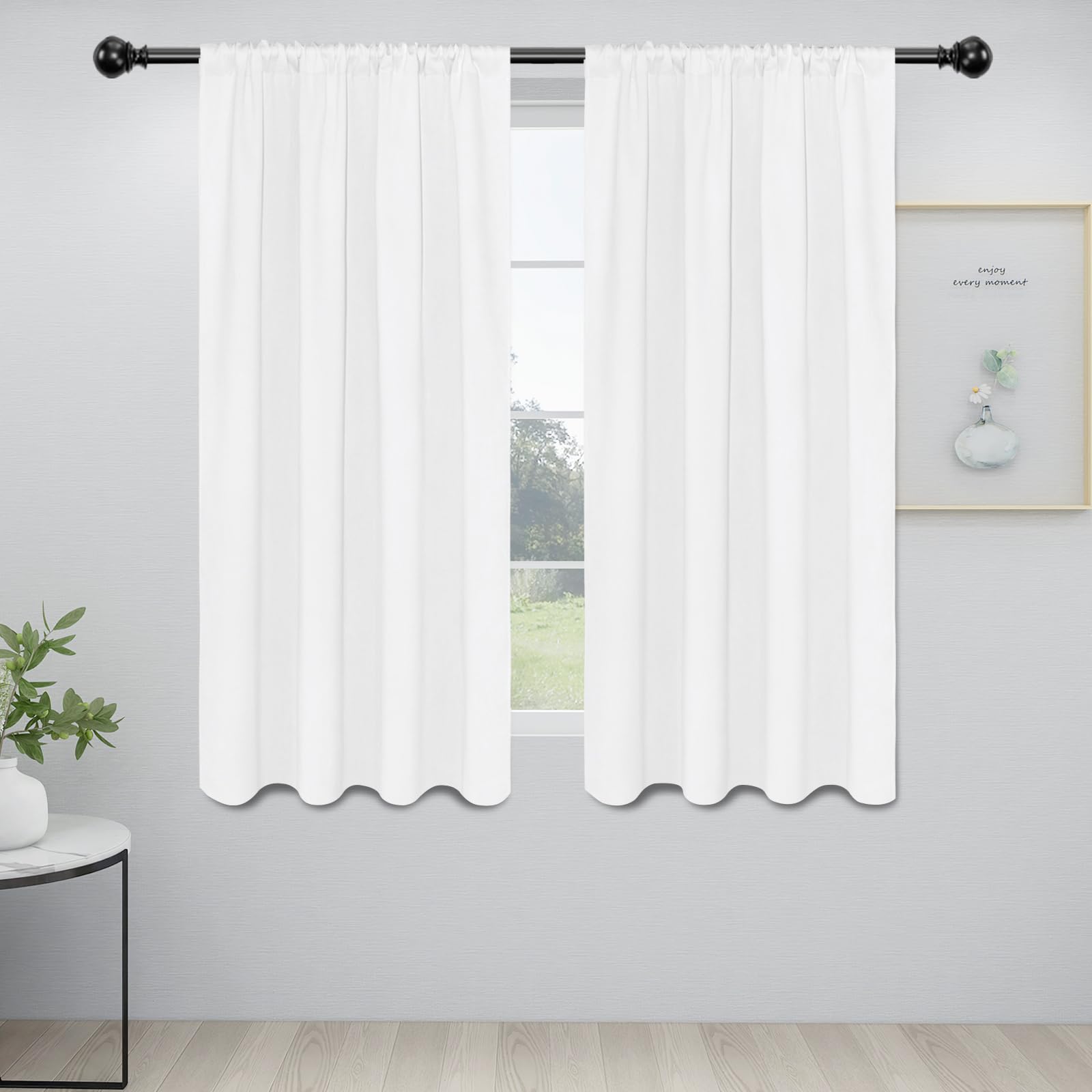 Easy-Going Rod Pocket Blackout Curtains For Bedroom, Room Darkening Window Curtains For Living Room, Thermal Insulated Noise Reduction Solid Window Drapes, 2 Panels(34X63 In, White)