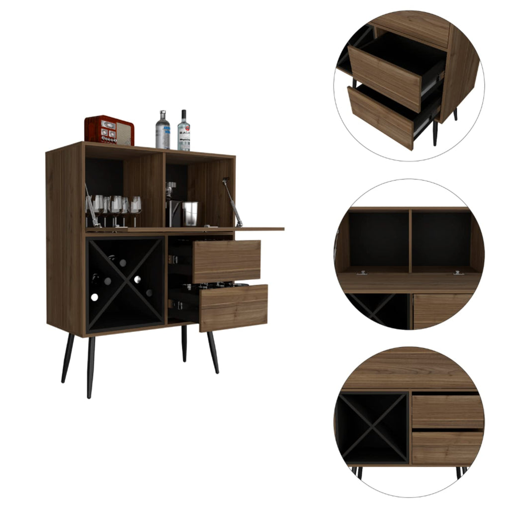 Thistle Bar Cabinet with 2 Drawers, 4 Double Racks, Single Cabinet, and 2 Shelves, Mahogany/Black