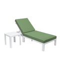 LeisureMod Chelsea Modern White Aluminum Chaise Lounge Outdoor Patio Chair with Side Table & Cushions, Green