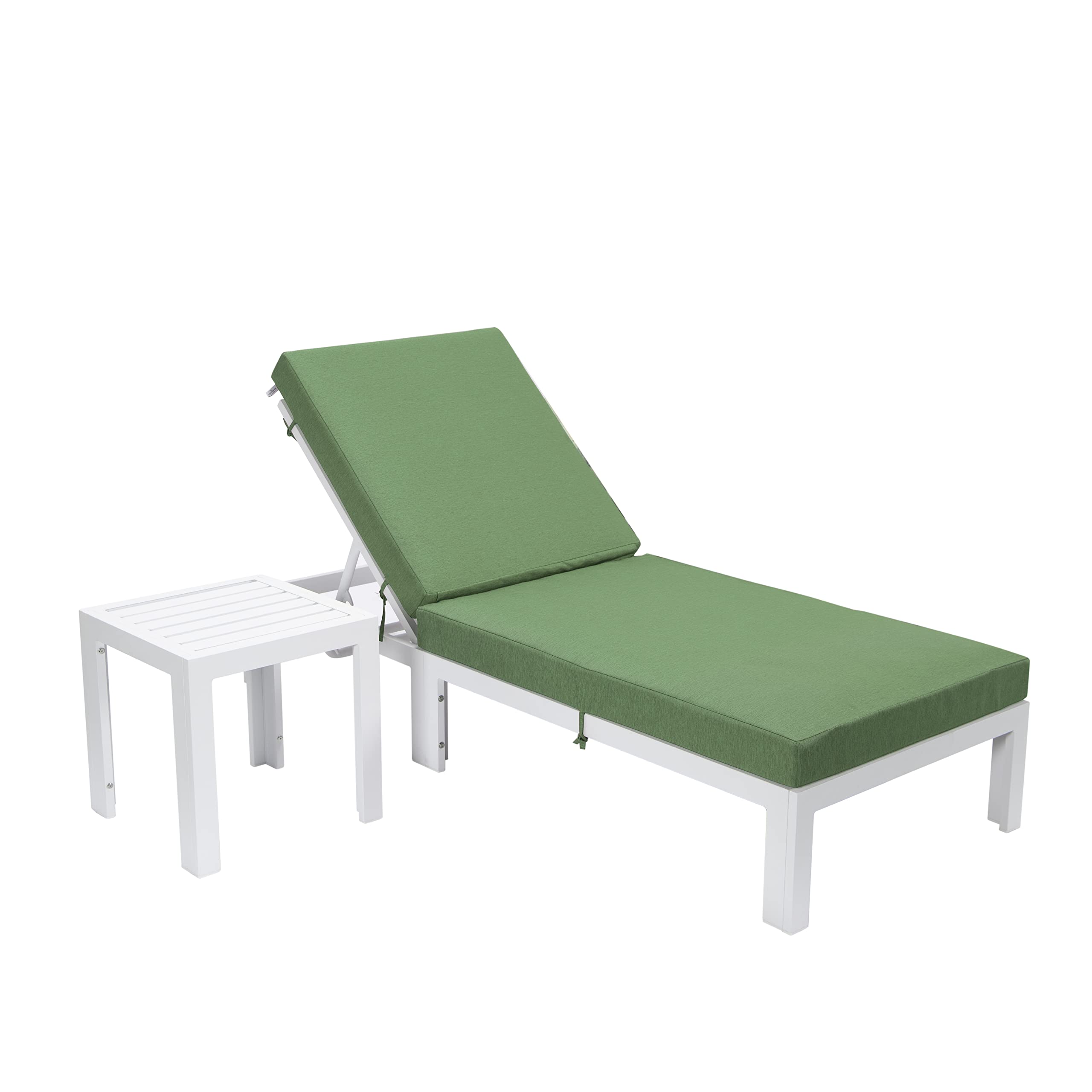 LeisureMod Chelsea Modern White Aluminum Chaise Lounge Outdoor Patio Chair with Side Table & Cushions, Green