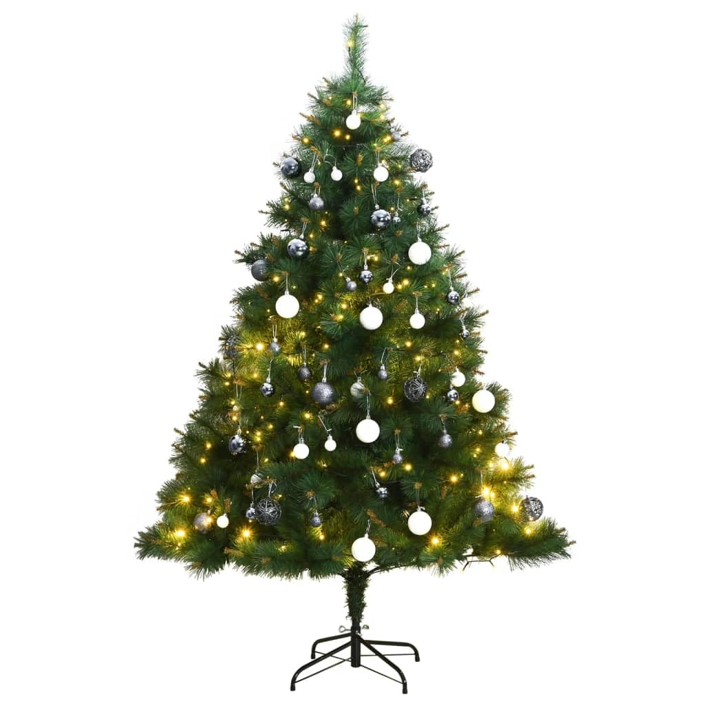 vidaXL Artificial Christmas Tree with LED Lights & Christmas Balls - Hinged Design, Multiple Lighting Modes, Sturdy Stand, Ideal for Indoor Decor