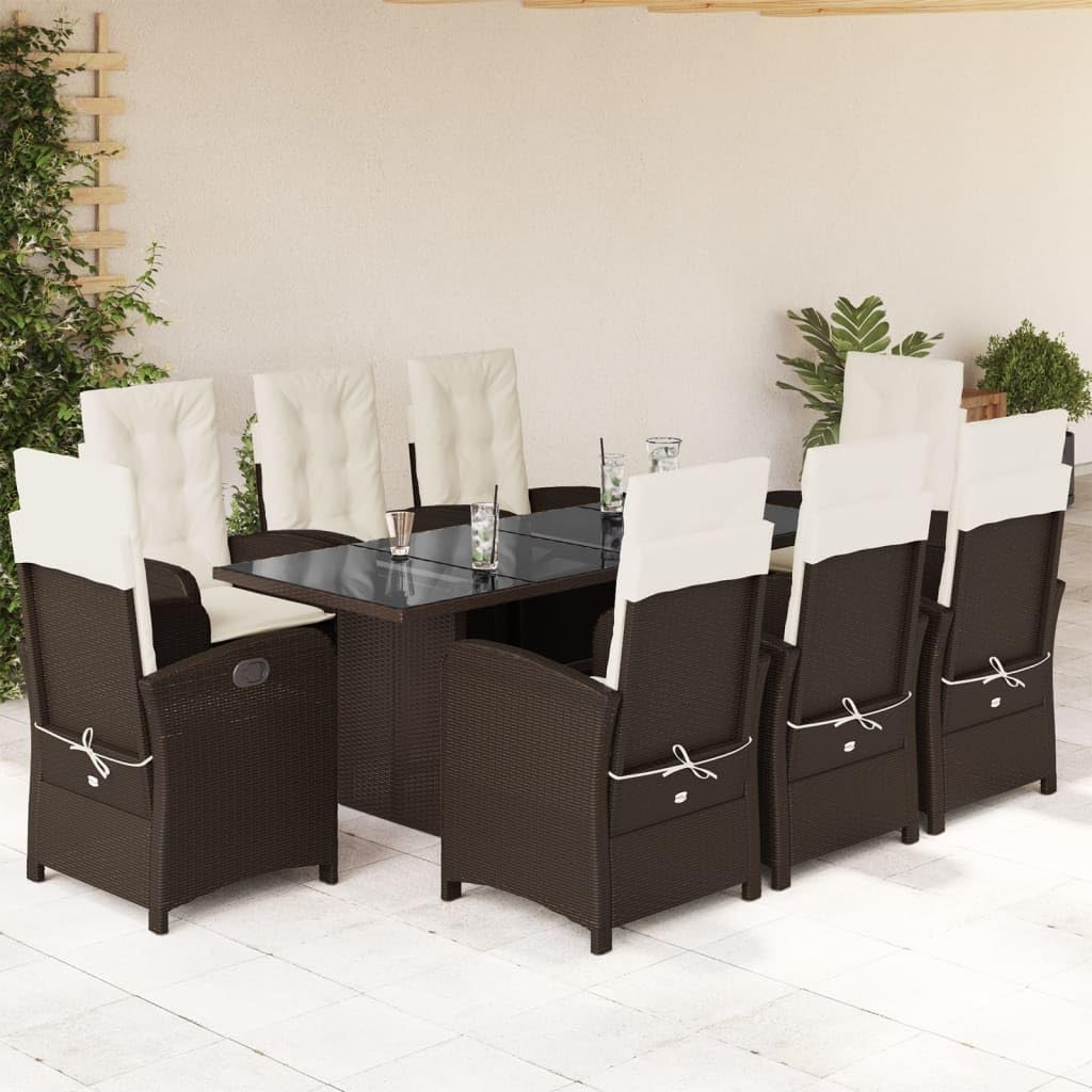 vidaXL 9 Piece Patio Dining Set - Brown PE Rattan Garden Furniture with Cushions & Tempered Glass Tabletop