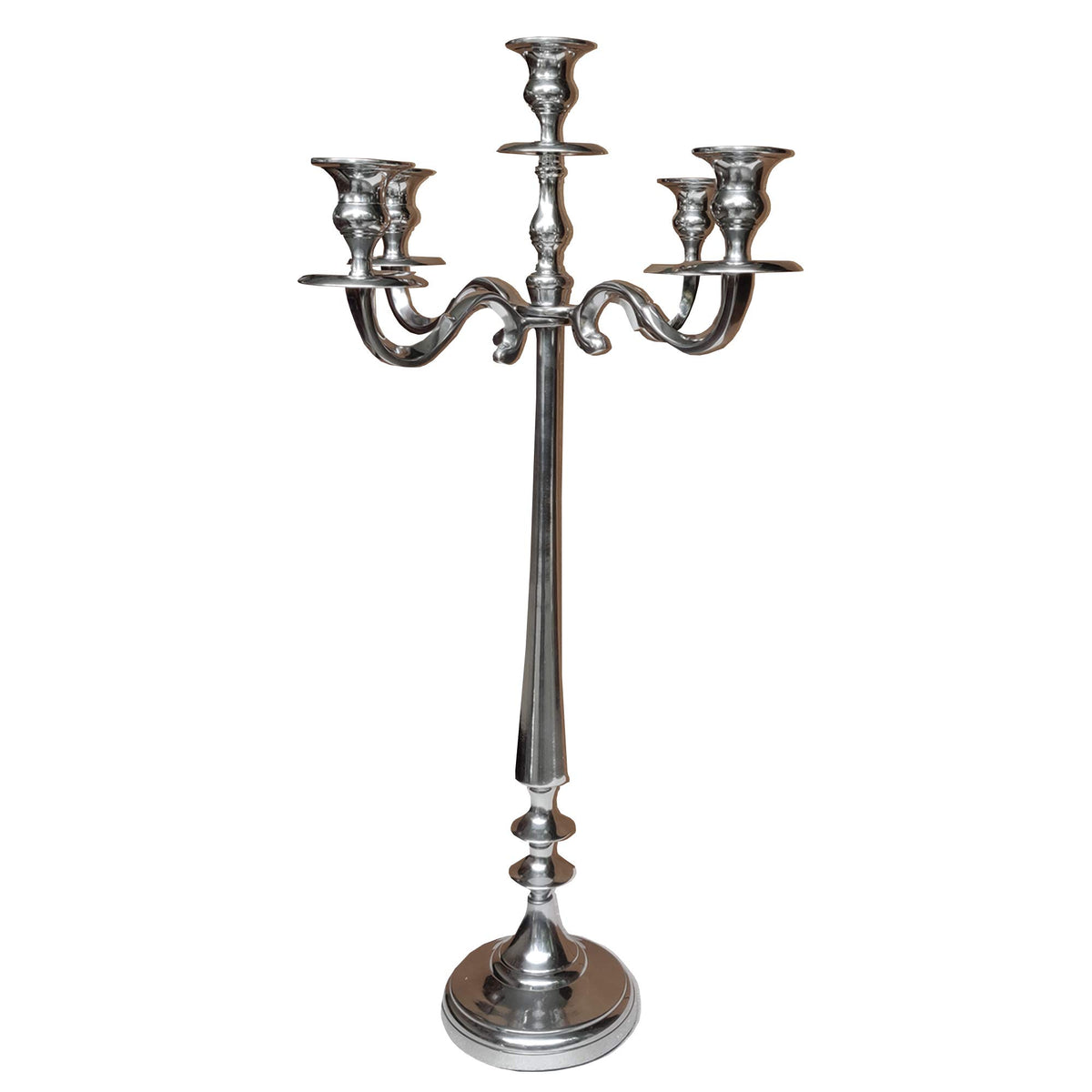 Benjara 24 Inches Handmade 5 Arms Aluminum Candelabra with Pedestal Body, Polished Silver