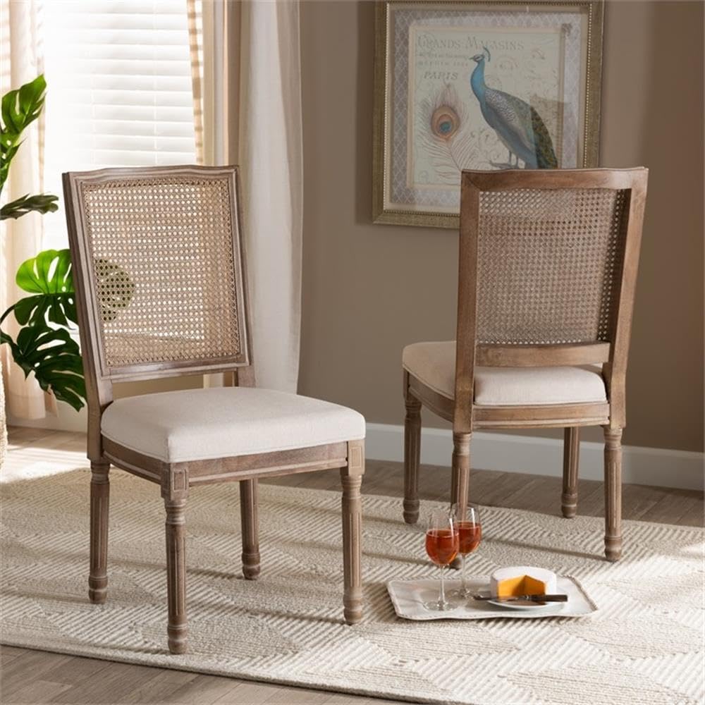 Baxton Studio Louane Traditional French Inspired Beige Fabric Upholstered and Antique Brown Finished Wood 2-Piece Dining Chair Set with Rattan